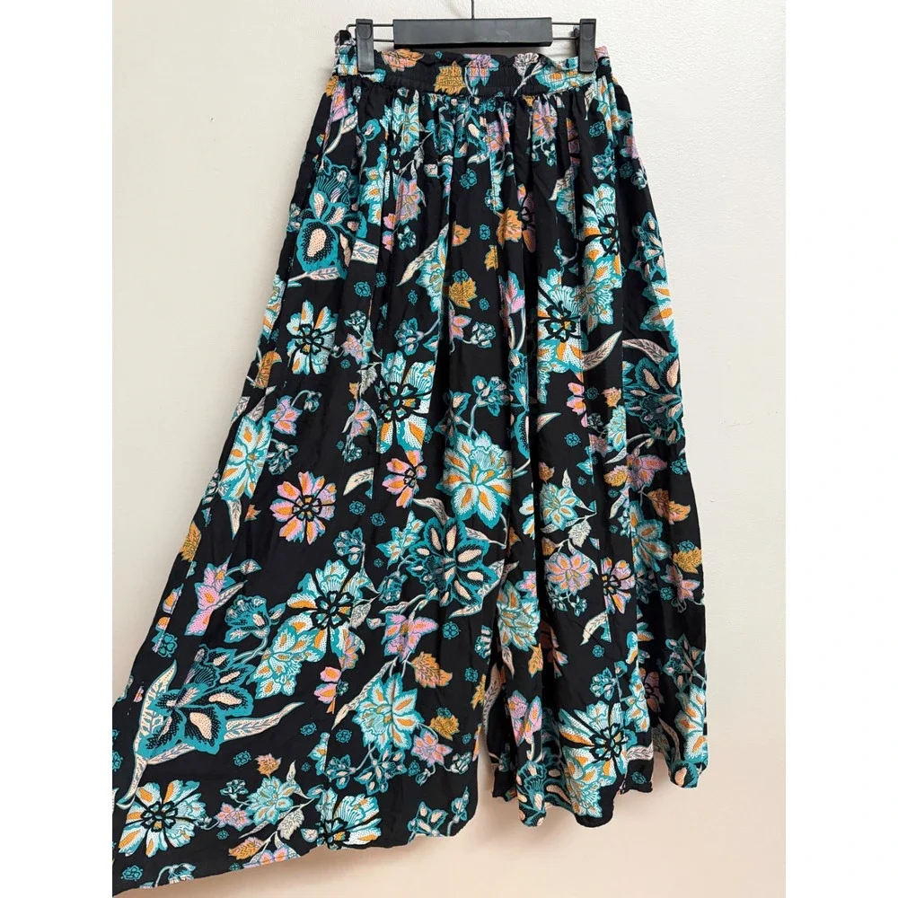 Free People Take It Easy Lounge Pants Floral Black Boho Palazzo Wide Leg Pockets